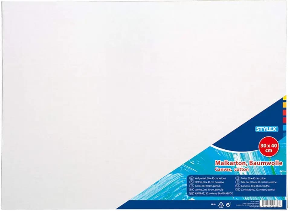 Stylex 28668 - Malkarton, 30 x 40 cm, Karton 3 mm stark, mit 100 Prozent Baumwollgewebe bespannt, weiß grundiert, für Öl-, Acryl- und Temperafarben, Gouache - Malerei und Serviettentechnik