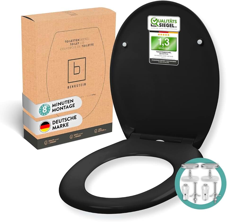 BENKSTEIN Premium Toilettendeckel antibakteriell oval schwarz - Duroplast Klodeckel mit Quick-Release-Funktion und Softclose Absenkautomatik - Toilettensitz aus rostfreiem Edelstahl abnehmbar WC Sitz