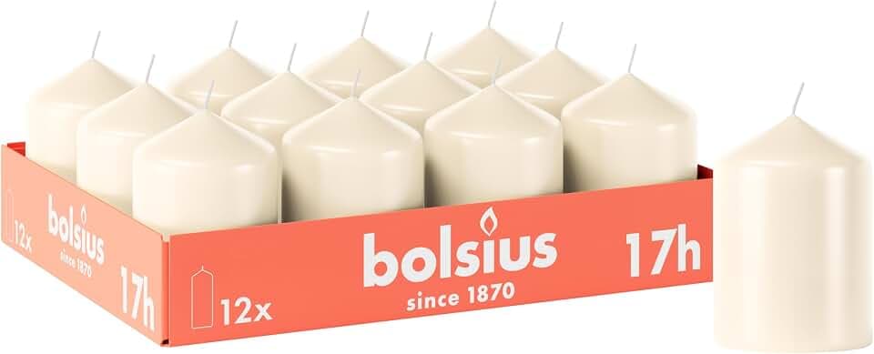 Bolsius Glatte Stumpenkerzen - Elfenbein - 12 Stück - 8 x 6 cm - Dekorative Haushaltkerzen - Brenndauer 17 Stunden - Unparfümierte - Enthält Natürliches Pflanzenwachs - Ohne Palmöl
