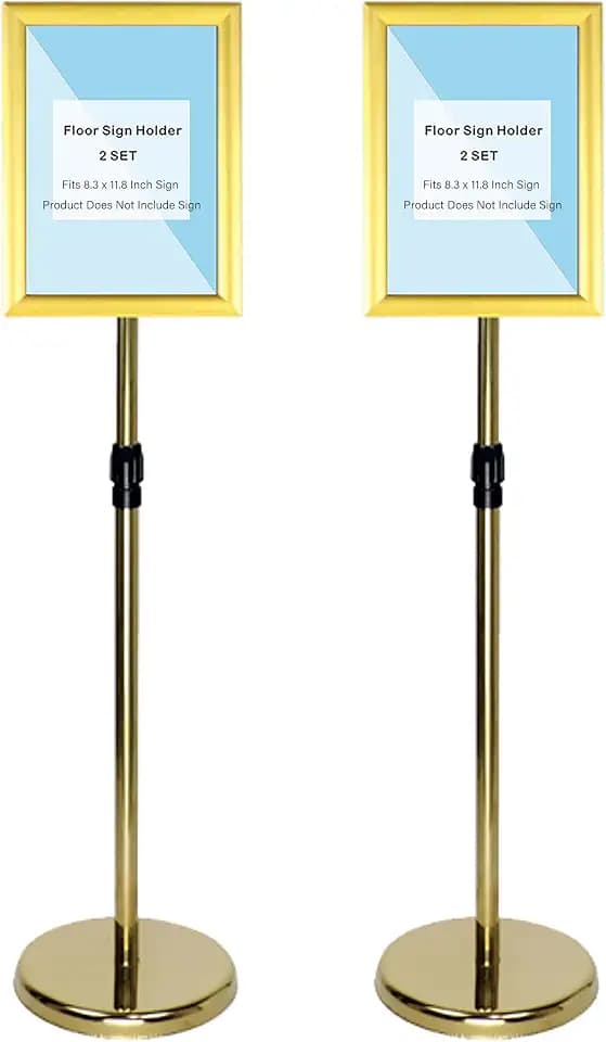2 Sets Heavy Duty Stainless Steel Sign holder Stand, Adjustable Height 8.5 x 11 Inch Vertical Horizontal Aluminum Snap Open Frame Floor Billboard Stand .(gold, A4)