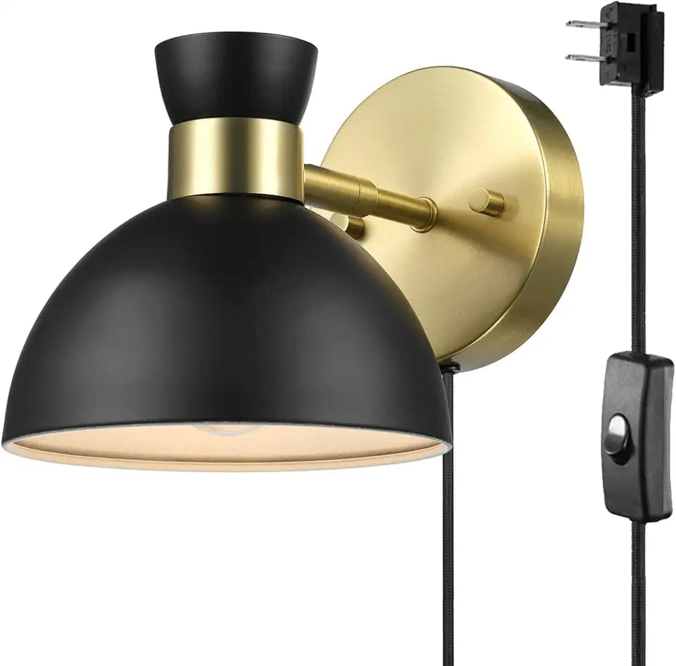 Globe Electric 65000100 1-Light Plug-in or Hardwire Wall Sconce, Matte Brass, Black Pivoting Metal Shade, 6ft Black Cord, in-Line Rocker Switch, Wall Lights for Living Room, Hanging Lamp