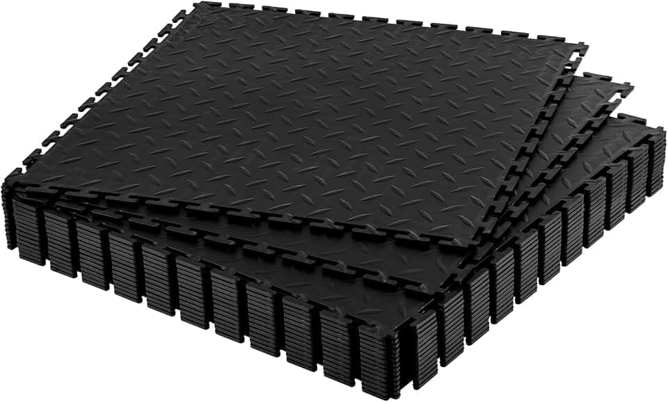 VEVOR Garage Floor Tiles 20.2 x 20.2 x 0.2 inch, Interlocking Ease of Installation Diamond Plate Slip-Resistant Texture Non-Slip Sturdiness, for Garages, Warehouse, Tool Room, Black, 16 Pack