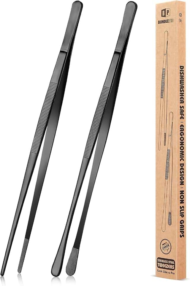 2 Stück 30,5 CM Küchenpinzette Feine Pinzettenzange, Professionelle lange Kochpinzette aus Edelstahl für BBQ, Meeresfrüchte, Reparieren und Servieren (SCHWARZ)