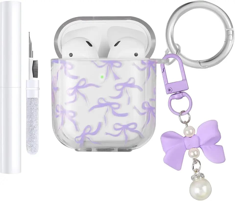 Compatible with AirPods Case Cover, Soft TPU Case with Cute Flower Pattern for AirPods 2&1 Generation Case with Pendant Keychain and Carabiner for Girls Women (Purple Bow)