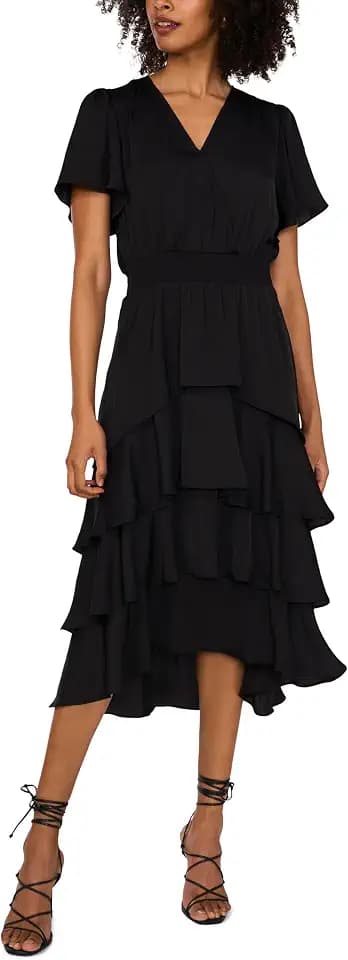 V-Neck Four Tier Layered Midi Dress