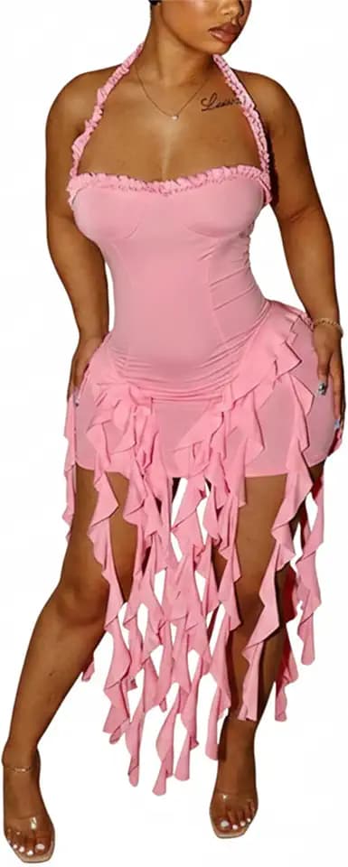 Women's Halter Fringe Bodycon Mini Dress for Club Party Vacation