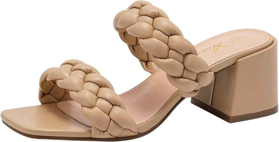 Athlefit Braided Heels for Women Square Toe Chunky Low Heeled Sandals