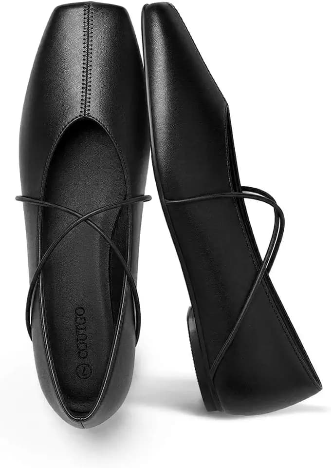 Coutgo Womens Square Toe Ballet Flats Comfortable Slip On Mary Jane Flats Crisscross Strap Work Casual Shoes