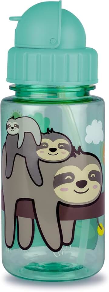 TUM TUM Kinder Trinkflasche - Tritan Trinkflasche mit Strohhalm - mit Trinkflaschen Deckel - extra auslaufsicher - leicht zu öffnen - 400ml - BPA frei - verschiedene Trinkflaschen (Faultier Stanley)