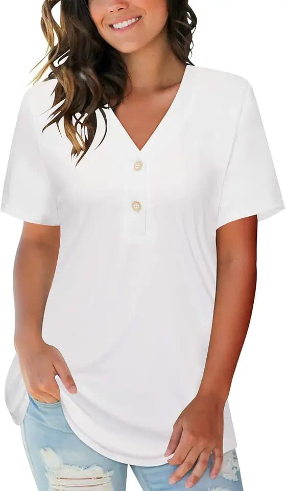 LAISHEN Women's V Neck Summer Tops Casual Henley Button Down T Shirts Tunic 2024