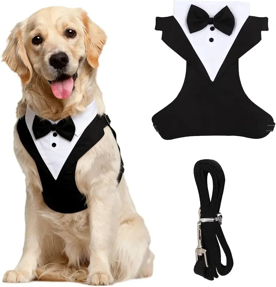 Hund Smoking Anzug & Bandana Set,Hundebekleidung&Zubehör,Atmungsaktives Hemd für Welpen mit Abnehmbarer Leine,Geeignet für Gartenpartys, Spaziergänge, Parks und den täglichen-Schwarzes XL.