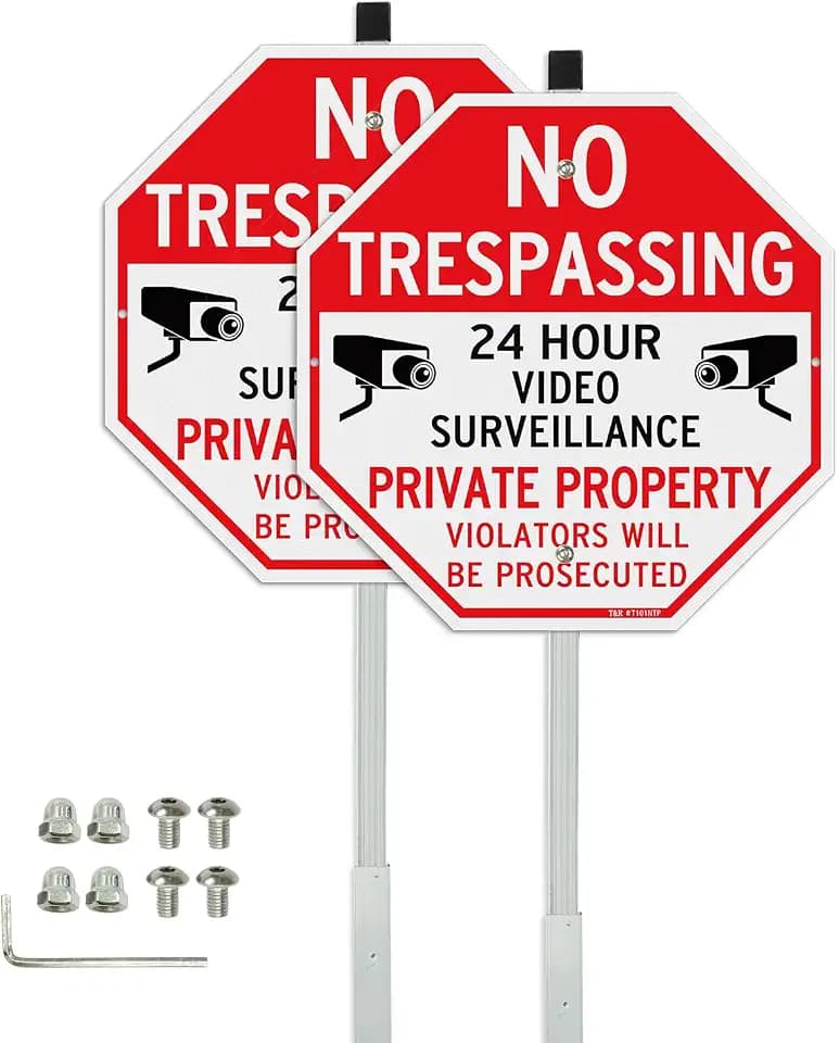 T&R Large No Trespassing Private Property Sign Video Surveillance Sign with 36" Stake for Outside - 2 Pack - 12"x12" .040 Rust Free Heavy Aluminum, Reflective, Waterproof, Weatherproof and Fade