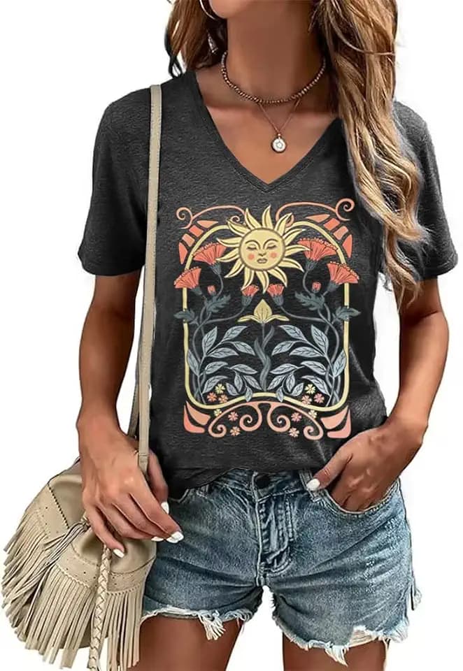 Women's T-Shirt V-Neck Graphic Tees Vintage Boho Flowers Shirt Summer Casual Plant Short Sleeve Tshirt Tops
