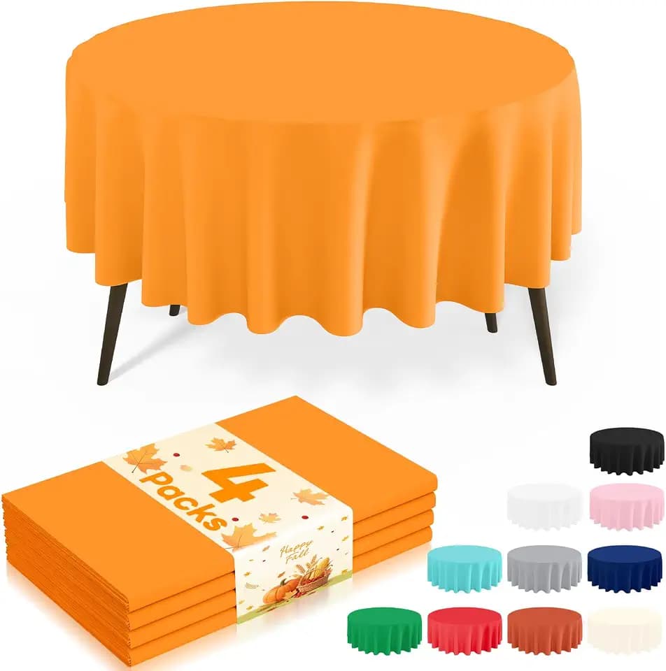 misaya 4 Packs Disposable Plastic Table Cloth, 84" Round Waterproof Tablecloth, Leakproof & Sturdy Decorative Table Covers for Picnic, Party, Outdoor and Halloween, Orange