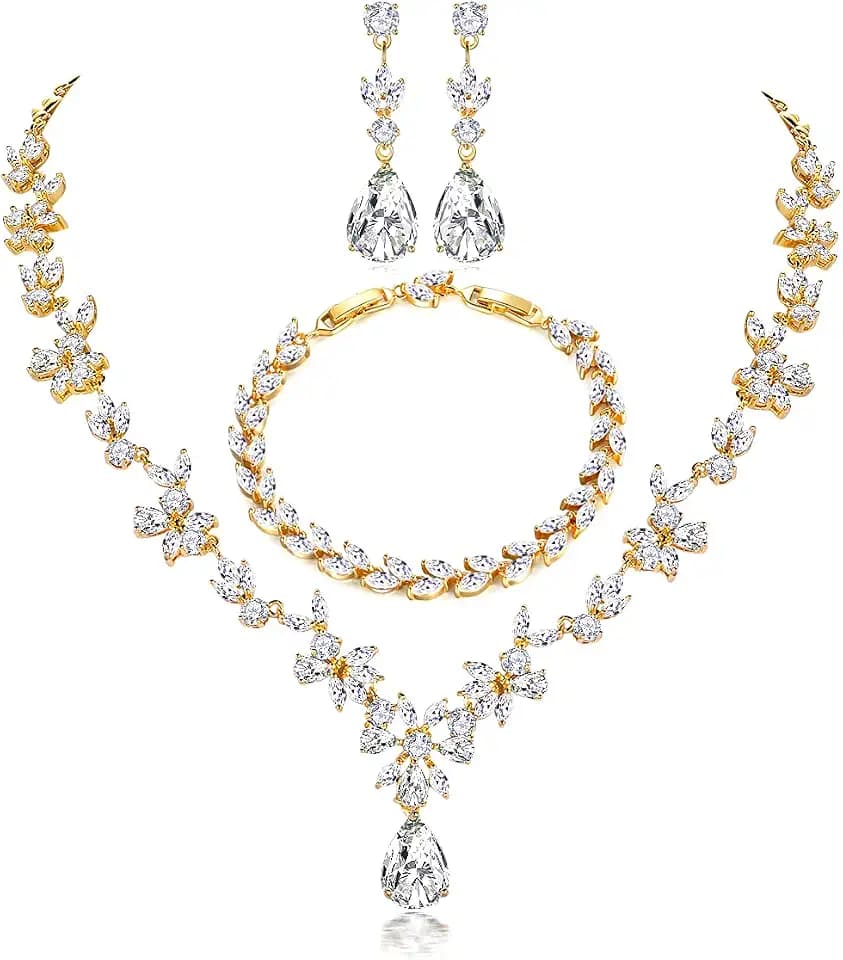 Hochzeit Schmuckset für Damen, Halskette & Ohrringe & Armband Set, Blumen Braut Schmuck Set mit 5A Weiß Zirkonia, Allergenfrei Hochzeitsschmuck für Braut Brautjungfern