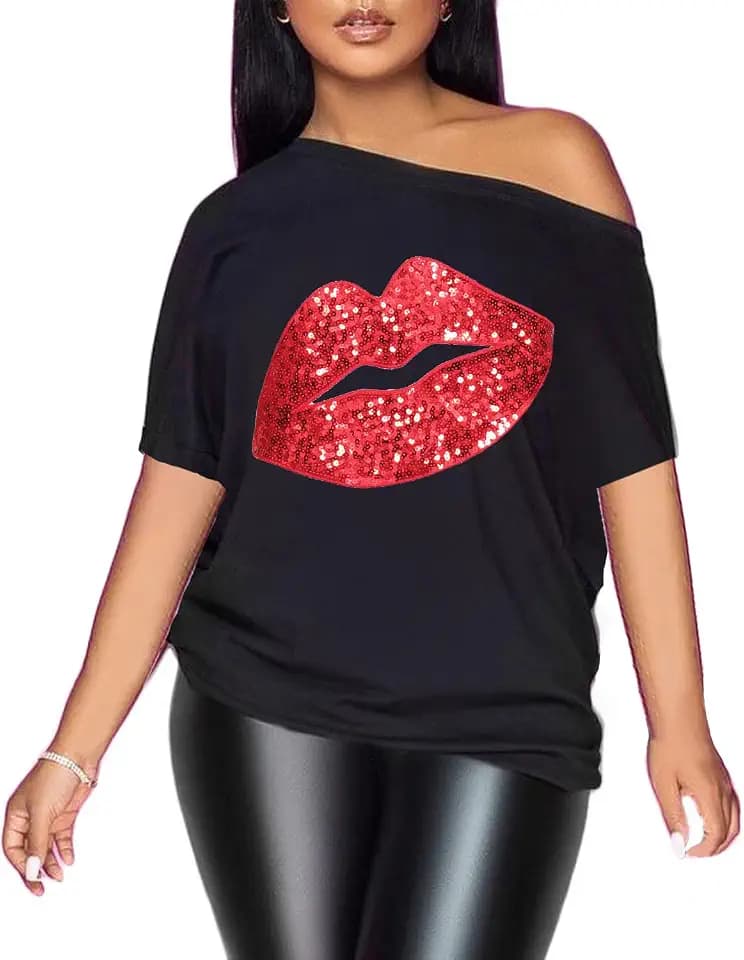 PESION Women Off The Shoulder Tops Sexy Shiny Metallic Shirts Short Sleeves Fashion Graphic T-Shirts Blouses