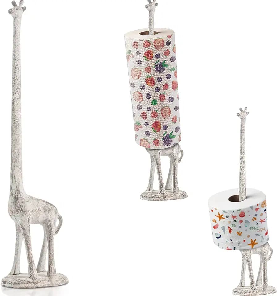 Dekorativer Handtuchhalter aus Gusseisen, Giraffenmotiv, freistehend, für Papierhandtücher oder Toilettenpapier, Rostbraun antik-weiß
