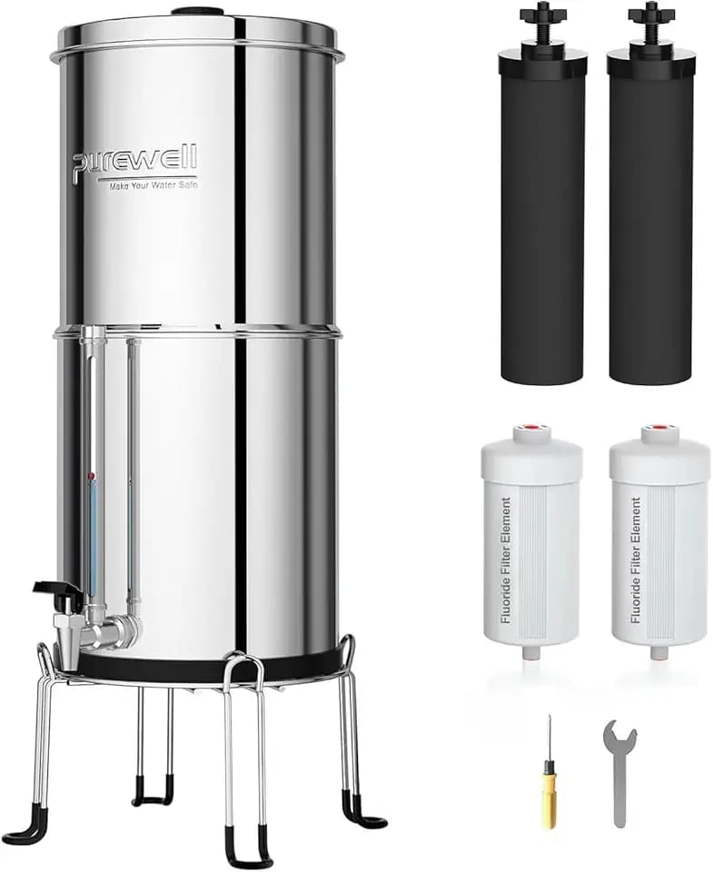 Purewell Schwerkraft-Wasserfilter 11L – Edelstahlbehälter mit 4 Filtern (Aktivkohle/Fluorid) Mit transparentem Wasserhahn – Entfernt 99% Fluoride, Chlor & Metalle – Stromfrei