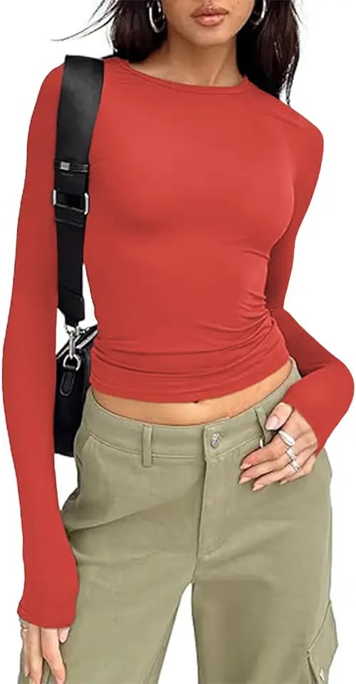 Damen Langarmshirt Basic Oberteile Y2K Slim Fit Klassischer Tshirt Langärm Crop Tops