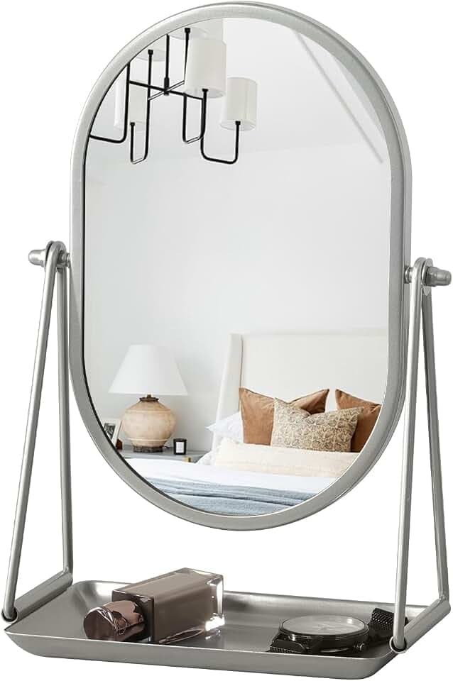 Kleiner Schminkspiegel Ovaler Schminkspiegel mit Metallständer Frisiertischspiegel 360 Grad drehbar Tragbarer silberner Kosmetikspiegel für Reisen, Schlafzimmer, Büro, Kommode
