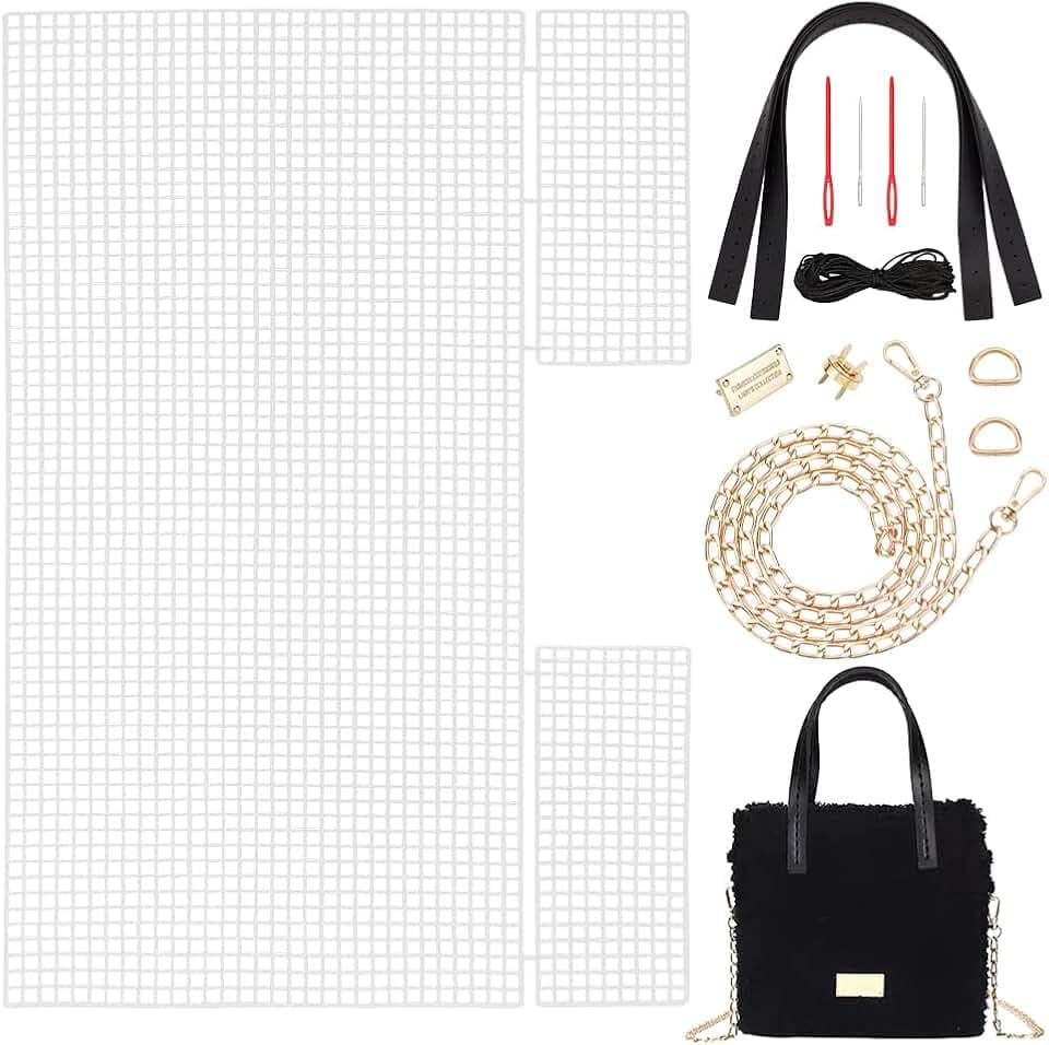 WADORN DIY Knitting Crochet Bags Kit, Hand-Knit Woven Bag Making Kit Mesh Plastic Canvas Sheets for Embroidery Cross Stitch DIY Shoulder Bag Making Accessories Handbag Crafting Yarn Weaving Kit, Black