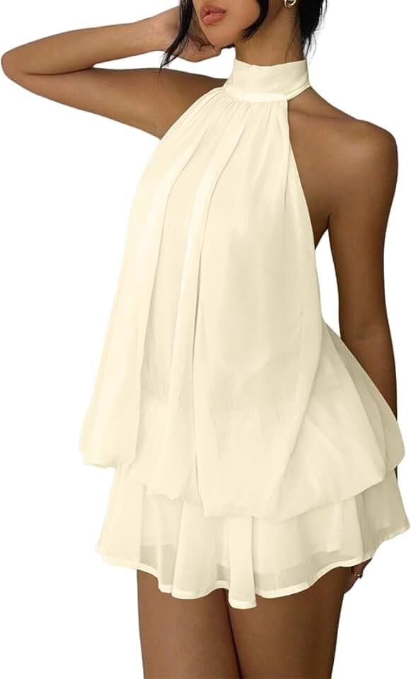 Women's Chiffon Halter Drop Waist Mini Dress Wedding Guest Dresses Ruffle Formal Holiday Club Brunch Outfits