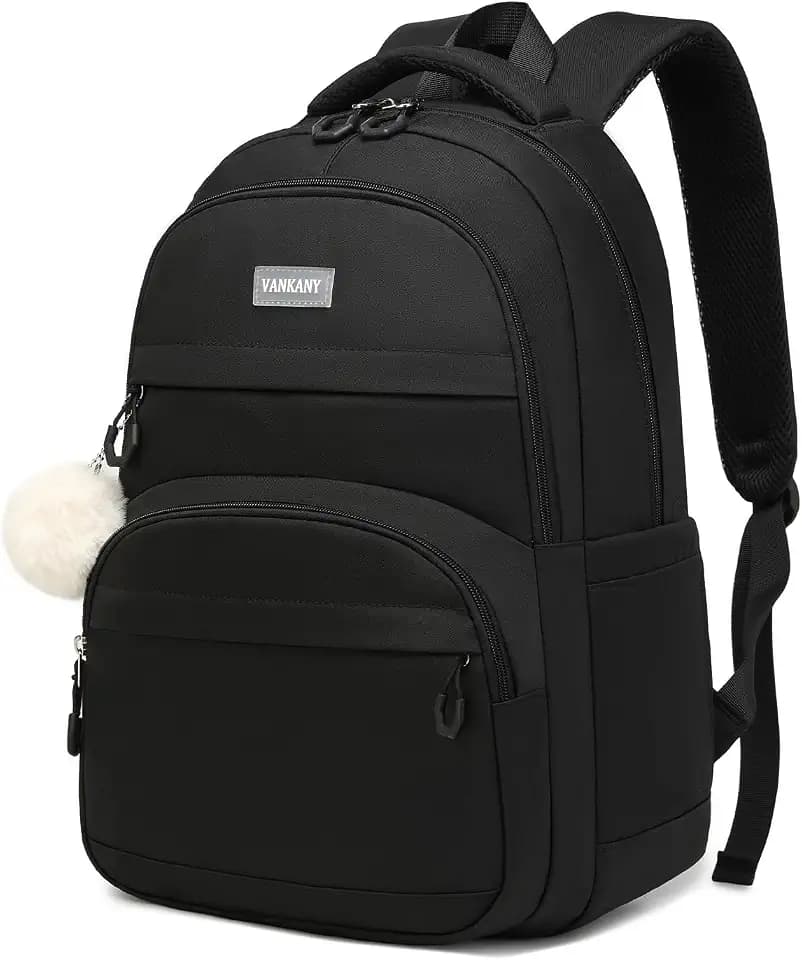 Black Backpack for Girls, Teens School Bookbag 15.6in Laptop Backpack with Charging Hole for Women Students Middle High School, Black