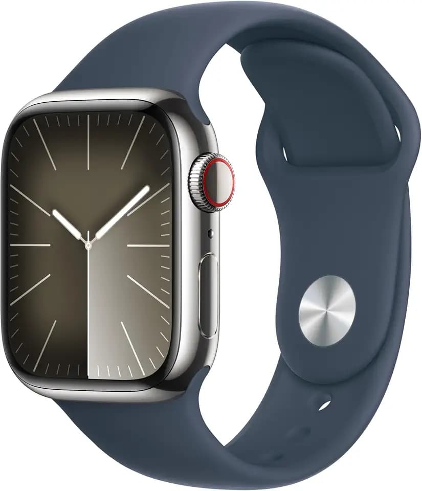 Apple Watch Series 9 [GPS + Cellular 41mm] Smartwatch with Silver Stainless Steel Case with Storm Blue Sport Band S/M. Fitness Tracker, Blood Oxygen & ECG Apps, Always-On Retina Display