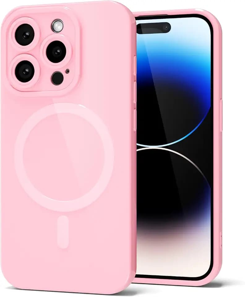 Svanove for iPhone 14 Pro Phone Case Silicone Magnetic, Compatible with Magsafe Case Cute for Women, Girly Glossy Jelly Rubber Thin Slim Hard Plastic Mag Safe & Camera Cover Protection, Light Pink