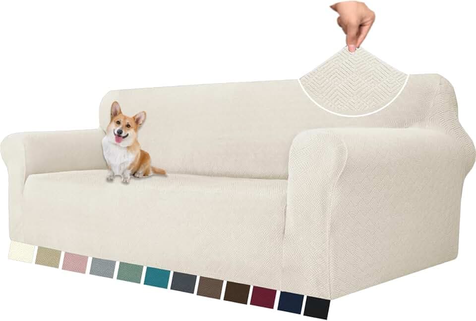 YSTELLAA Stretch Sofa Überzug 4 Sitzer, Sofaschoner rutschfest Mit Armlehne, Universal Jacquard Sofabezug, Waschbare Sofa Cover, Dicke Sofabezug Für Hunde Katzen Und Haustiere, CremeWeiß
