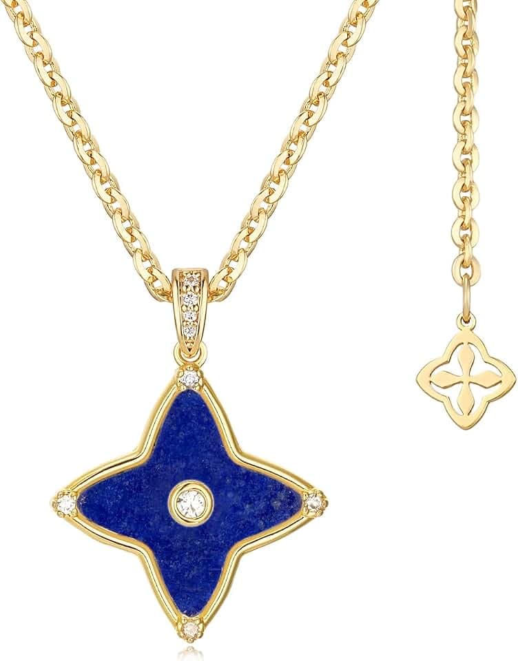MYEARS Women Clover Necklace Pendant Lapis Lazuli/Mother of Pearl/Turquoise/Yellow Tiger's Eye Cubic Zirconia 14K Gold Simple Dainty Chain Everyday Trendy Lucky Jewelry