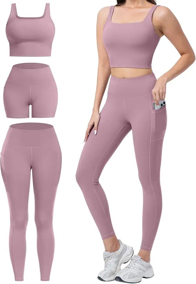 3 Piece Workout Sets for Women High Waisted Leggings with Pockets Tummy Control Biker Shorts Yoga Sports Bra