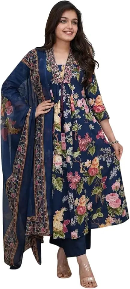 Women’s Cotton Floral Printed Kurta Set with Dupatta – Ethnic Indian Tunic Top & Straight Pants 3-Piece Outfit
