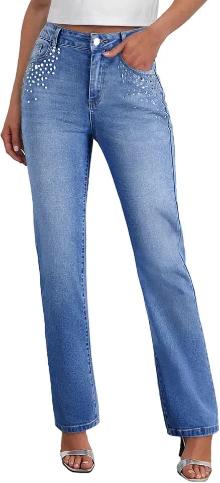 Sidefeel Women's Straight Leg Jeans High Waisted Stretchy Rhinestone Wide Leg Denim Pants