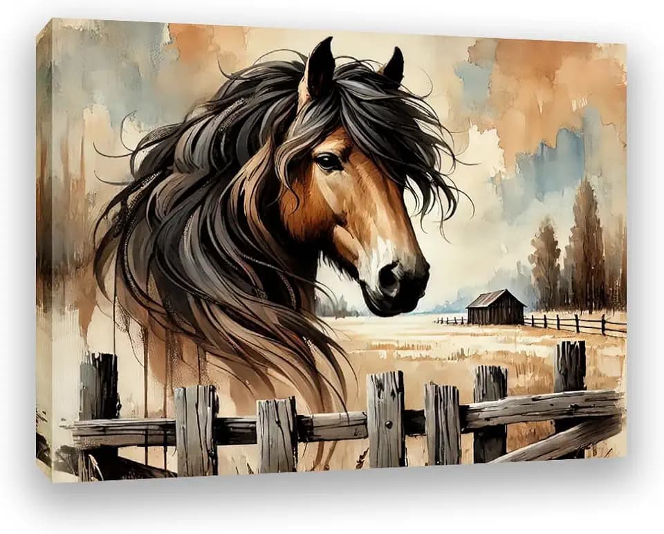 Redland Art Rustic Farmhouse Horse Painting on Canvas, Ready to Hang Framed Wall Art for Living Room Decor, 11.5x15 Inch Horse Pictures for Equestrian & Animal Lovers, Caballos Decoracion
