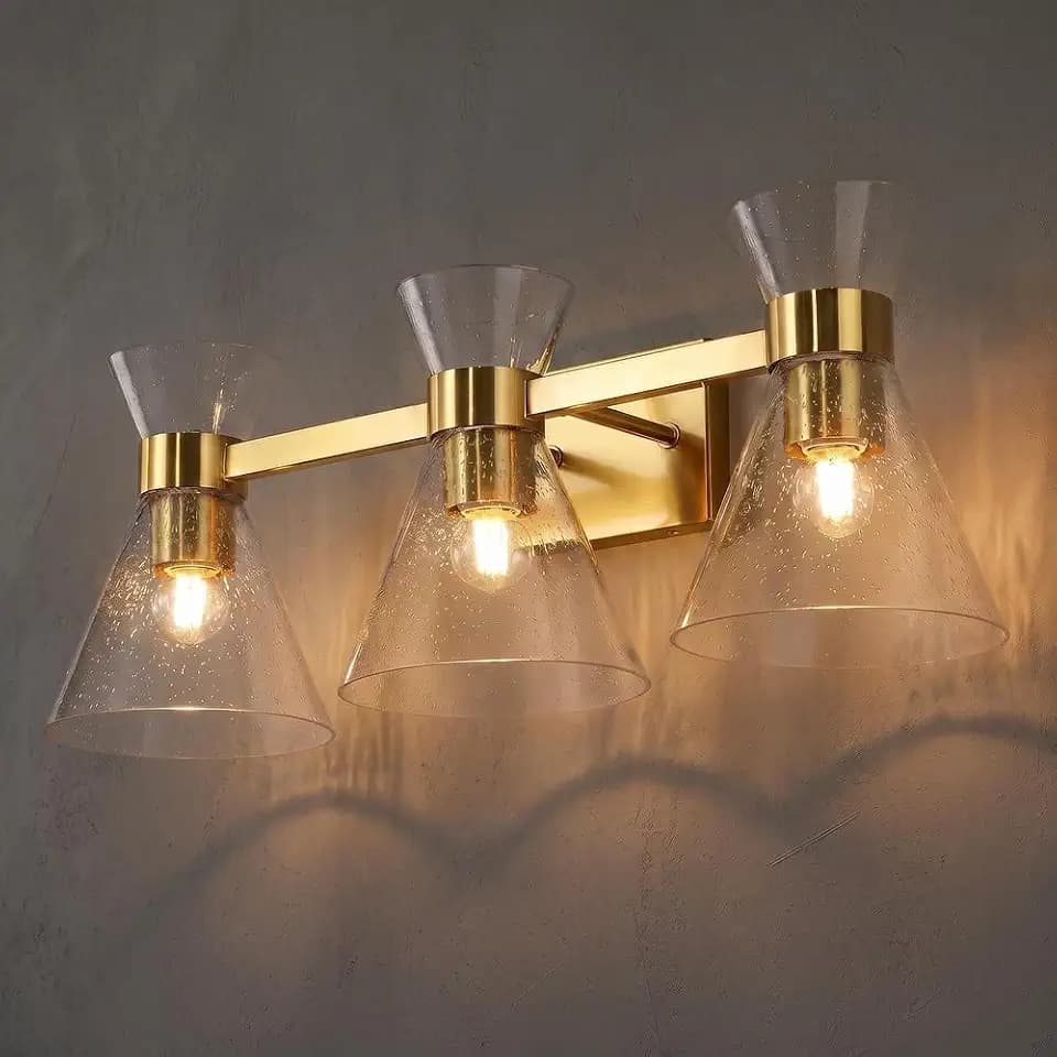 Tribesigns Bathroom Light Fixtures, 3-Light Bathroom Vanity Lights Over Mirror with Clear Seeded Glass Shade, Modern Brushed Gold Wall Sconces, Damp-Rated, E26 Base