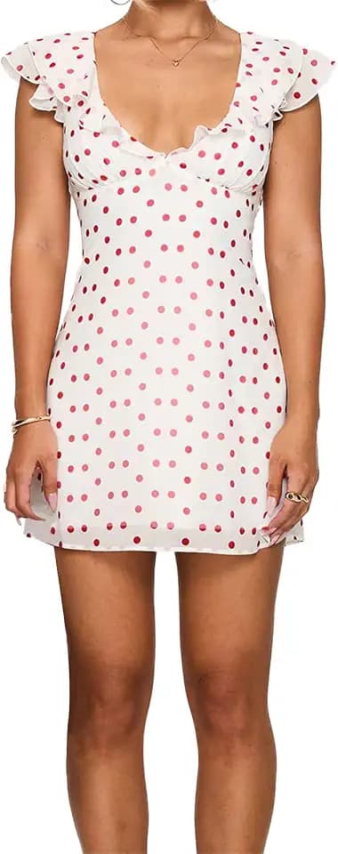 Aopwsrlyi Women Polka Dot Mini Dress Ruffle Sleeveless V Neck Back Tie Up Layered Summer Tank Dress