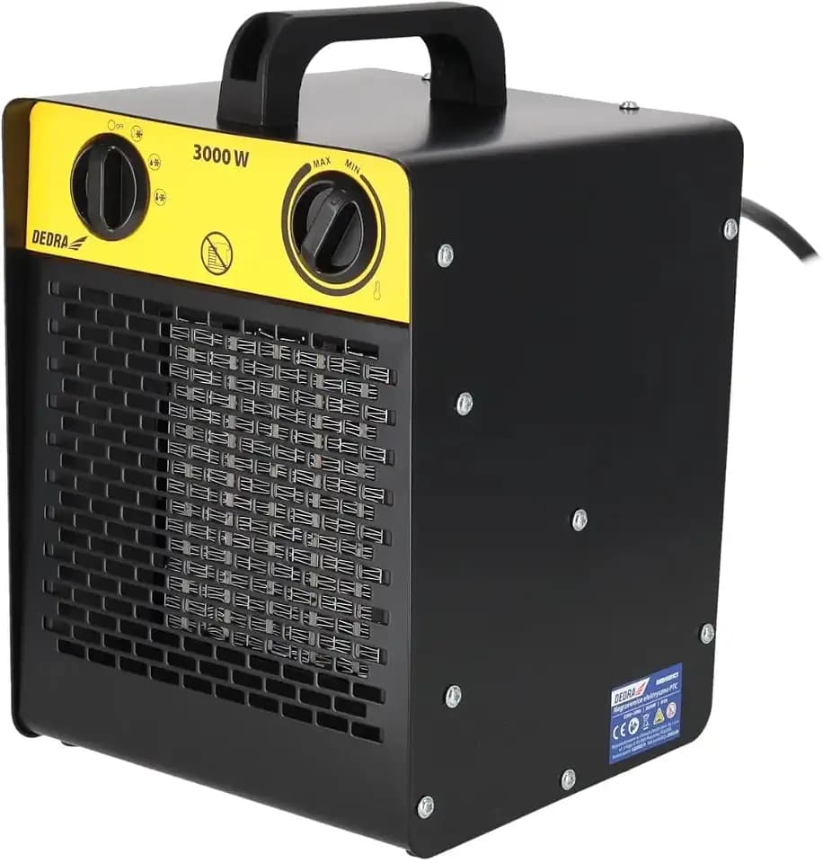 DEDRA Elektrischer Heizlüfter PTC 3,0 kW für Räume bis zu 30 m², mit keramischem Heizelement, für gut isolierte Räume, Thermostat, Überhitzungsschutz, drei Betriebsarten, bis zu 30 m²