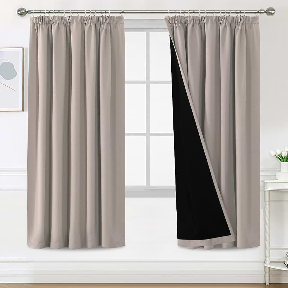 BellaHills 100% Gardinen mit Kräuselband Blickdicht Vorhang Kälteschutz Verdunklungsvorhänge Gardinen Wohnzimmer, Schallschutz Vorhang 2er Set H214 x B132 cm, Natur