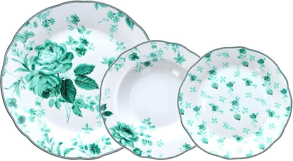 Wintem Tafelservice aus Porzellan, 18-teilig, mit flachen Tellern, Suppen- und Desserttellern, ideal für besondere Anlässe oder den täglichen Gebrauch, Teller-Set für 6 Personen, Weiß mit grünen