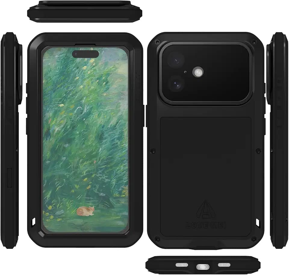LOVE MEI Military Rugged Case for iPhone 16, with Tempered Glass Screen Protector, Shockproof Dustproof Scratch Proof Hybrid Metal and Silicone Gel Heavy Duty Full Body Cover (Black)