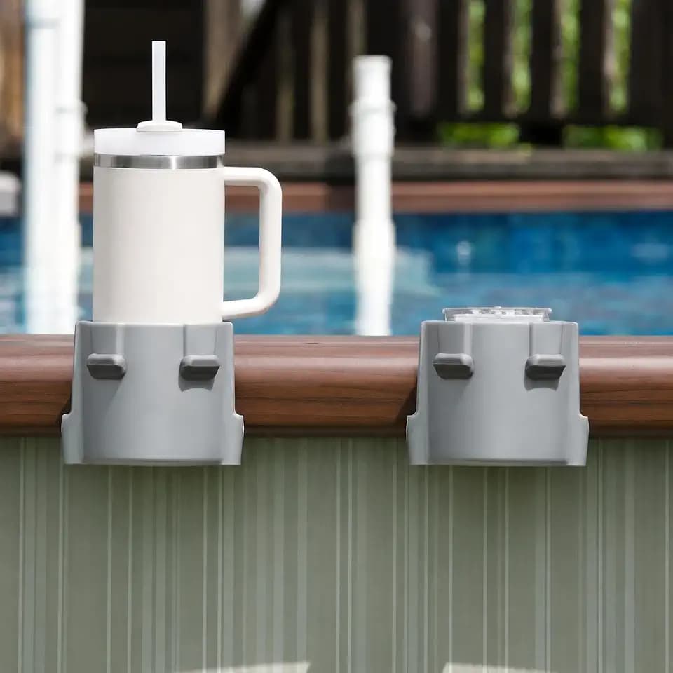2-Pack Poolside Cup Holders for Square-Top Above Ground Pools, Adjustable Fit for Wide Edges, Non-Slip Silicone Grips, Fits Tumblers & Drink Bottles, Use on Deck, Boat & Patio, Silver Grey