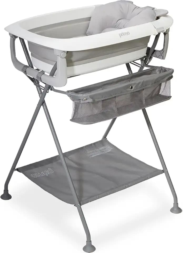 Primo SquishSplash Collapsible Baby Bath & Folding Stand With Ergonomic Infant Cushion for Newborns & Toddlers - Complete Bathing Station - Compact Space Saving Design, Ages 0-24 Months