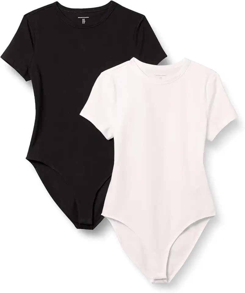 Amazon Essentials Women's Short Sleeve Crew Neck Stretch Cotton Jersey Slim-Fit T-Shirt Bodysuit, Pack of 2