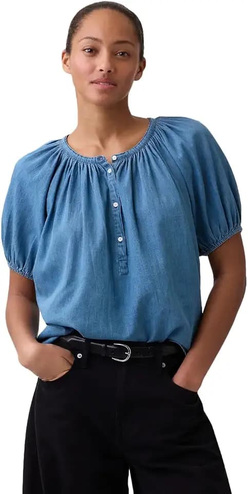 GAP Women's Puff Sleeve Popover Woven Top