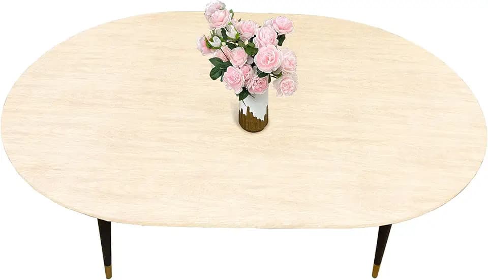 LIBERECOO Oval Fitted Vinyl Tablecloth - Cream Wood - 68" x 48" (Oval) - Waterproof, Elastic Edged for Secure Fit, Easy to Clean Plastic Table Cover