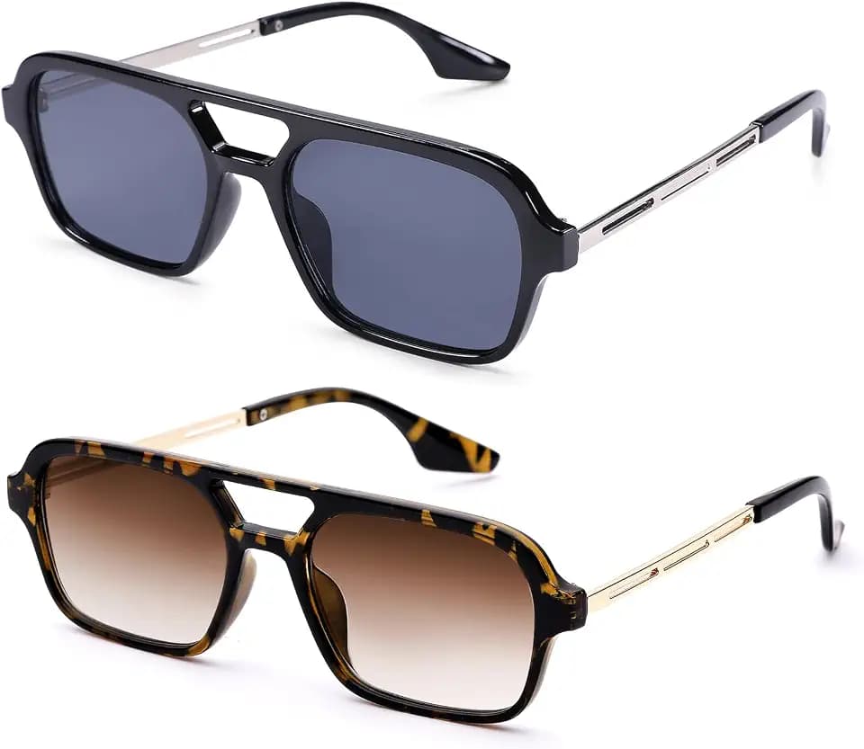 COASION Vintage 70s Flat Aviator Small Frame Sunglasses for Women Men Square Metal Design UV400 Protection Shades