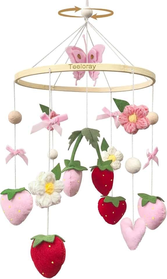 Mobile Baby mit Erdbeere, Blumen und Filzbällen Mädchen baby mobile windspiel für Babybett, Mobile Baby Wickeltisch, Kinderzimmer Babyzimmer Deko, Geschenk (Erdbeere)