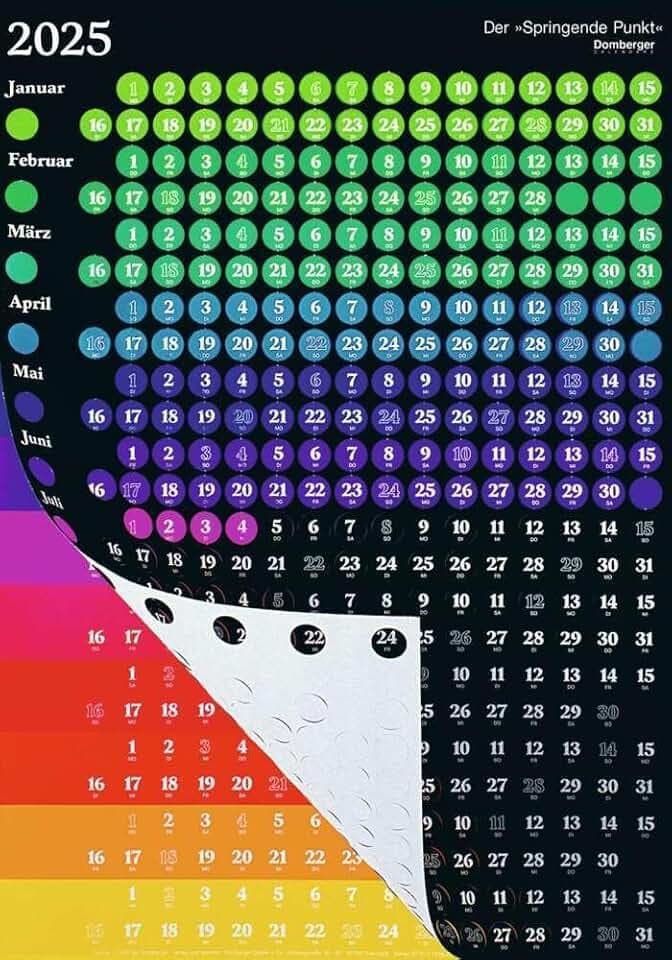 Der Springende Punkt: Das Original schwarz 2025, 57,5x81cm, Wandkalender bestehend aus zwei Bögen, 365 gestanzte Punkte, ... und bunt, deutsches Kalendarium: Das Original
