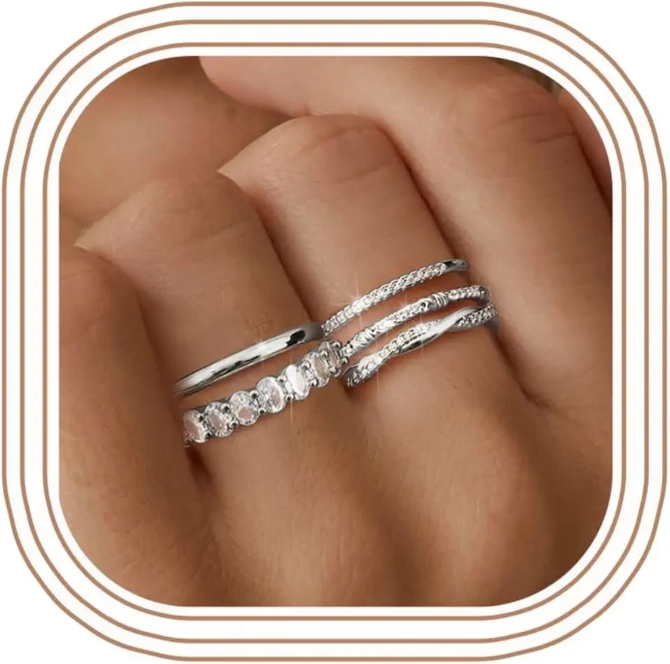 5PCS Stackable Gold Silver Ring for Women Non Tarnish Dainty Cubic Zirconia